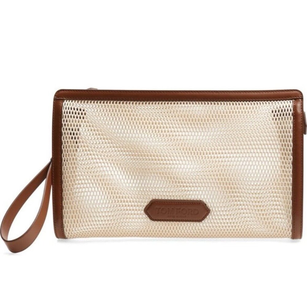 NWT $1790 TOM FORD Leather Trimmed Medium Mesh Wristlet in Champagne & Chestnut